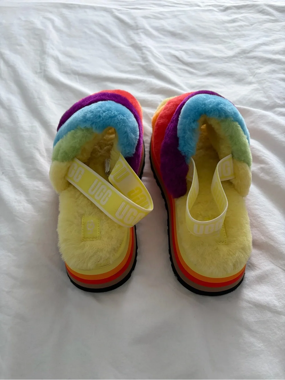 UGG Special Edition Pride Rainbow Disco Striped Platform Slippers Size 11 NEW
